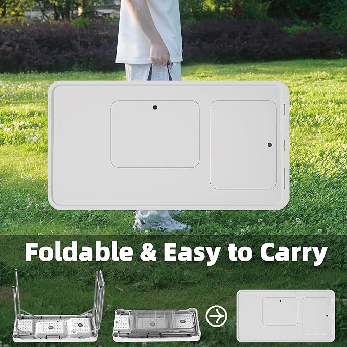 Allpop Fish Cleaning Table with 2 Sinks, 42.5'' Portable Folding Camping Fish Station with Extanded Stand, Grid Rack, Faucet, Drainage Hose, Sprayer, Storage Box, Drawer & Grooves for Picnic, White