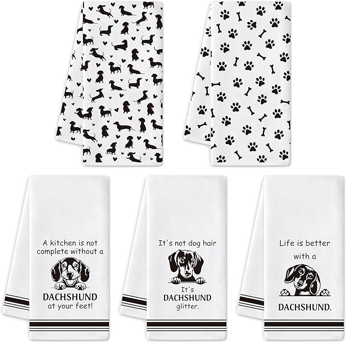 R HORSE Dachshund Kitchen Dish Towel - 5Pcs Cute Dachshund Cleaning Dishcloth Puppy Dog Absorbent Bar Quick Dry Hand Towel Tea Towels for Dog Mom & Dad Housewarming Bathroom Kitchen Home Decors