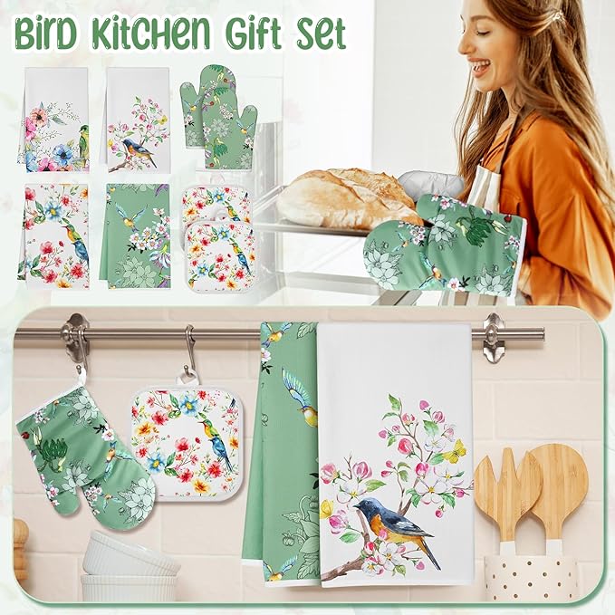 Hahafelt 8 Pcs Birds Kitchen Gift Dish Towel Pot Holder Oven Mitt Set 4 Tent Car Tea Towels with Funny Sayings Novelty 2 Oven Mitts 2 Pot Holders Coffee Accessories Decor for Rv