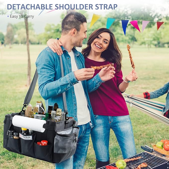 FREECOLSH Black Waterproof Caddy, 16" x 11" x 11", with Detachable Strap and Shoulder Pad for Carrying Utensils and Camping Supplies
