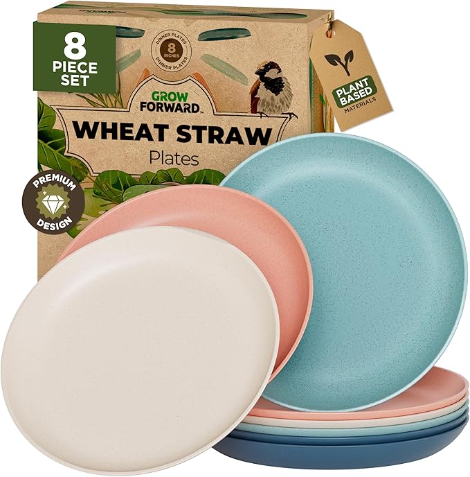 Grow Forward Premium Wheat Straw Plates - 8 Inch Reusable Hard Plastic Dinner Plates Set of 8 - Unbreakable Microwave Safe Plates for Dessert, Camping, RV, Outdoors, Patio, Kitchen Dishes - Tropical