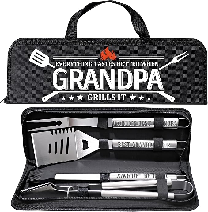 Grandpa Gifts from Grandkids, Gifts for Grandpa Christmas, Grilling Accessories, Heavy Duty Stainless Steel Grill Set BBQ Grill Tools for Outdoor Grill with Aluminum Case, Camping Grill Utensils Set