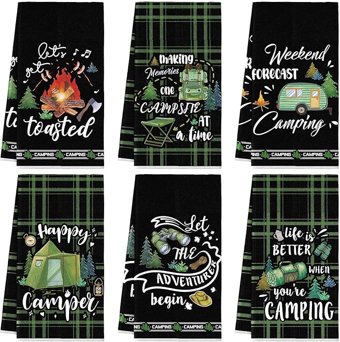 Redbaker 6 Pcs Camping Kitchen Towels Bonfire Tent Car Dishcloth Outdoors Happy Camper Hand Tea Towels Decorative Set Absorbent Camping Decor with Hanging Loop for Camper Gifts RV Accessories(Black)