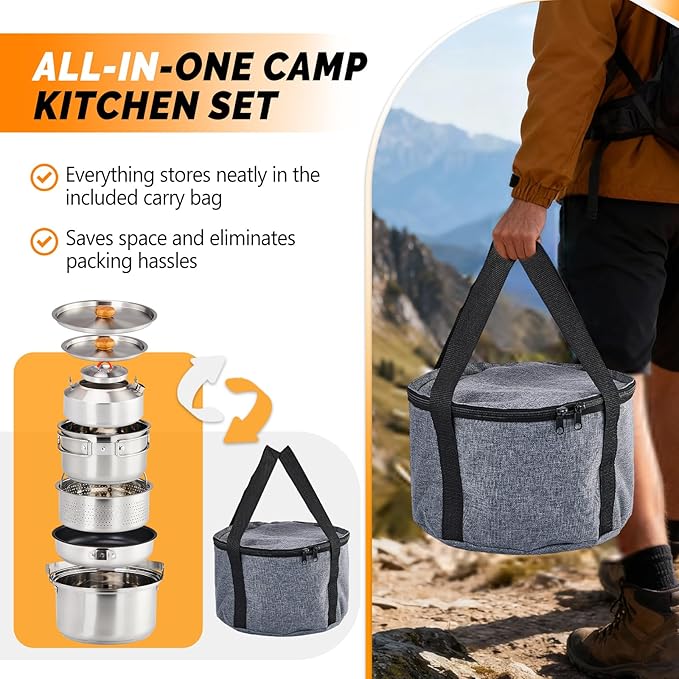 ROVSUN 34/10/6 pcs Camping Cookware Mess Kit, Lightweight Non-Stick Camping Cooking Pot and Pan Set with Stainless Steel Camping Gear Kettle Cup for Open Fire, Backpacking, Outdoor Cooking