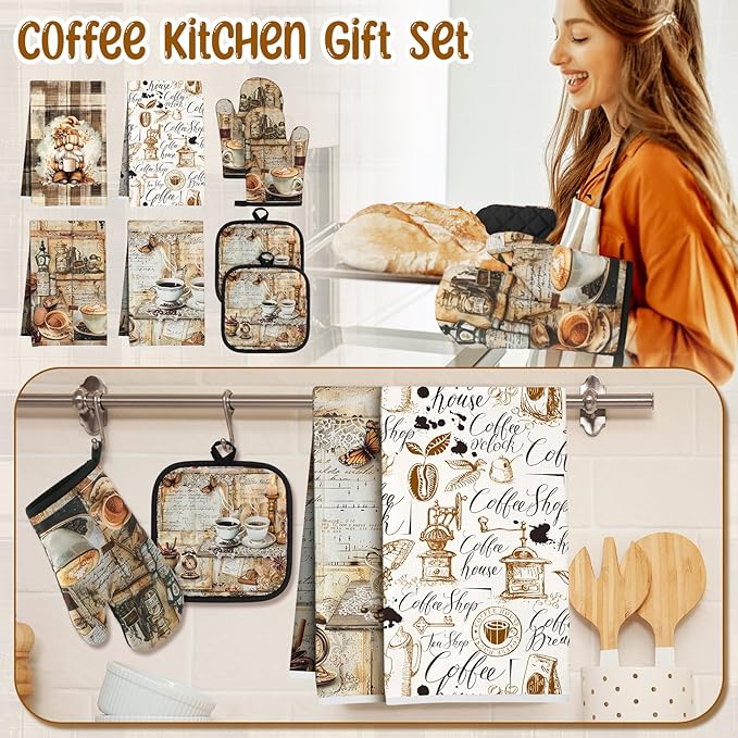 Hahafelt 8 Pcs Coffee Kitchen Gift Dish Towel Pot Holder Oven Mitt Set 4 Tent Car Tea Towels with Funny Sayings Novelty 2 Oven Mitts 2 Pot Holders Coffee Accessories Decor for Rv