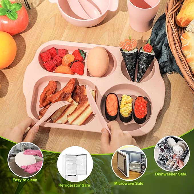 24 Pcs Wheat Straw Dinnerware Cutlery Set for Aldult Including Divided Plates Microwave Dishwasher Safe Bowl Unbreakable Tableware Straw Cutlery Spoon Knife Fork(Pink)