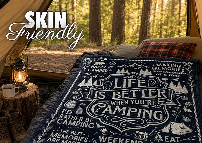 Camping Gifts for Women Men Lovers Throw Blanket, Happy Campers Decor Outdoor, RV Campsite Travel Hiking - Life, 50" x 65"