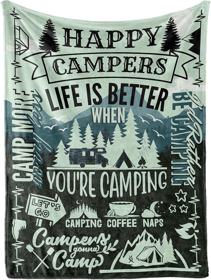 InnoBeta Camping Gifts for Women Men Lovers Throw Blanket, Happy Campers Decor Outdoor, RV Campsite Travel Hiking 50" x 65" - Happy Campers
