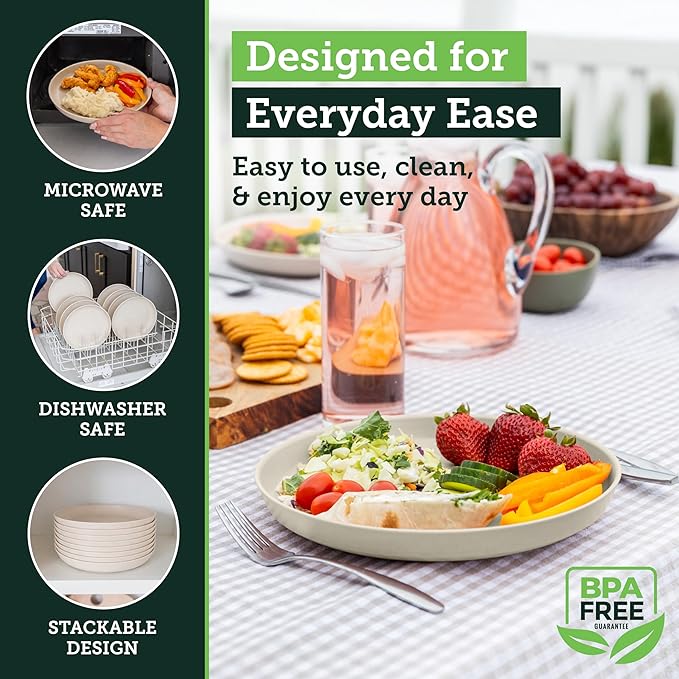 Grow Forward Premium Wheat Straw Plates - 10 Inch Reusable Hard Plastic Dinner Plates Set of 8 - Unbreakable & Microwave Safe Dishes for Dessert, Camping, RV, Outdoors, Patio, Kitchen - Sahara