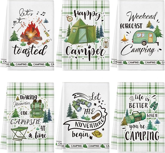 Redbaker 6 Pcs Camping Kitchen Towels Bonfire Tent Car Dishcloth Outdoors Happy Camper Hand Tea Towels Decorative Set Absorbent Camping Decor with Hanging Loop for Camper Gifts RV Accessories(White)