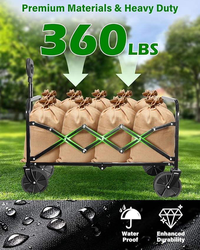 Collapsible Wagons Carts Foldable Wagon, Foldable Wagon Cart with Wheels, Folding Wagons for Beach Camp Sports Garden, 2 Cup Holders/Lightweight Portable/Black/360 LBS
