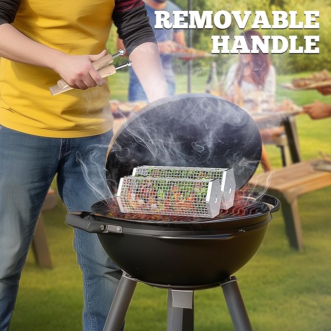 ivtivfu Rolling Grill Basket, Removable Wooden Handle, 304 Stainless Steel, Nesting Grilling Tools, Smoker BBQ Accessories for Vegetable, Outdoor Cooking Camping, Birthday Gifts for Men Dad Husband