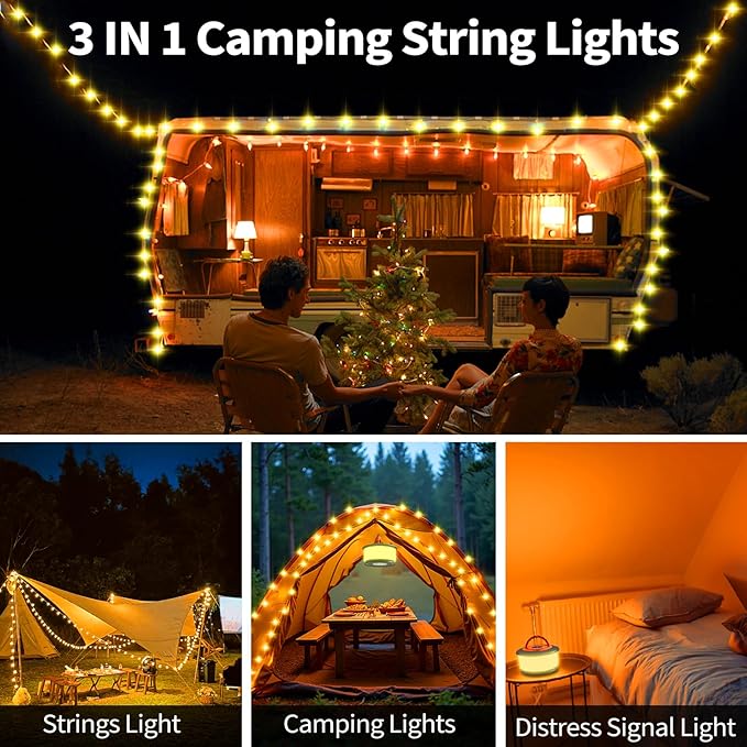 Camping String Lights, Rechargeable Tent Lights String with 6 Lighting Modes, 32.8 FT LED Hanging Waterproof Camping Lamp String for Garden, Travel, Decoration Festival Gift (Green Orange)