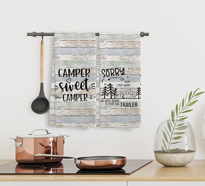 Camper Sweet Camper Camping Kitchen Towels and Dishcloths Sets of 2,Campsite Cabin RV Absorbent Drying Cloth Hand Towels Tea Towels for Bathroom Kitchen,Gifts for Campers Camping Lovers,16×24 inches