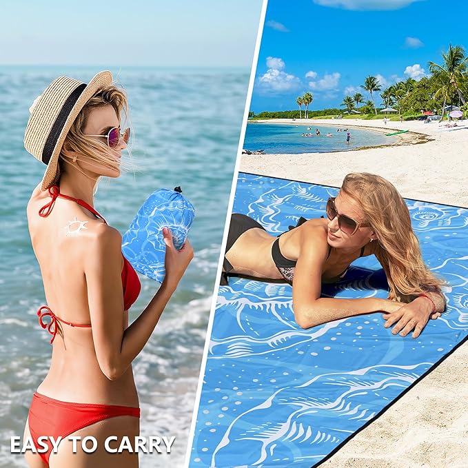 WIWIGO Beach Blanket Waterproof Sandproof Beach Mat 79" X 83"/10'x9'for 2-8 Adults Quick Drying Outdoor Picnic Mat Beach Accessories for Travel, Camping, Hiking