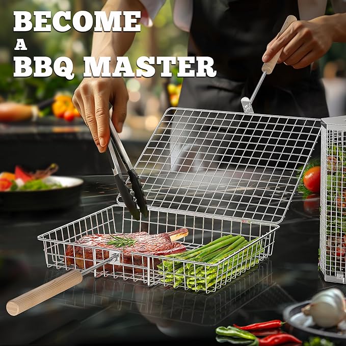 ivtivfu Grill Basket Set, Removable Wooden Handle, 304 Stainless Steel, Rolling BBQ Tools, Smoker Grilling Accessories for Vegetable Fish, Outdoor Cooking Camping, Birthday Gifts for Men Dad Husband
