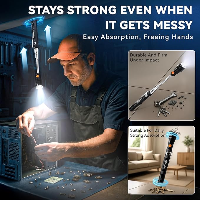 VIBELITE Extendable Magnetic Flashlight with Telescoping Magnet Pickup Tool-Cool Gadget Gifts for Men, Women, Him, Teen Boys, Husband, Dad, Father, Mechanic, Birthday Gifts for Men, Black