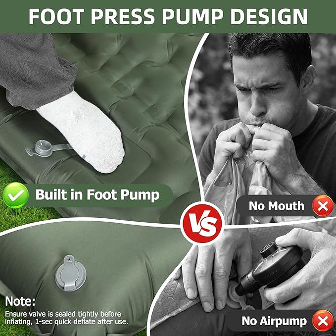 Camping Sleeping Pad, 5.1" Extra-Thick Camping Mattress with Pillow, Built-in Foot Pump Ultralight Inflatable Sleeping Pads for Camping Hiking Backpacking Traveling Tent, Military Green, 2 Person