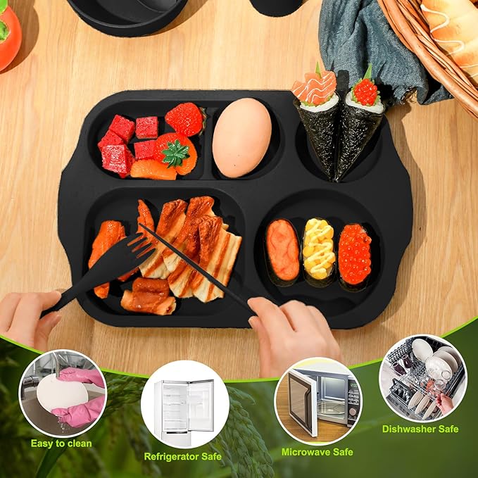 24 Pcs Wheat Straw Dinnerware Cutlery Set for Aldult Including Divided Plates Microwave Dishwasher Safe Bowl Unbreakable Tableware Straw Cutlery Spoon Knife Fork(Black)