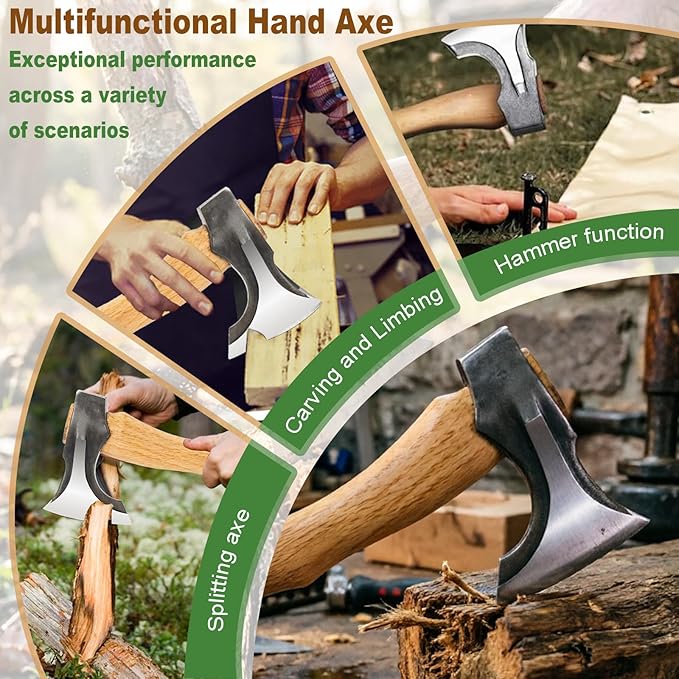 Bushcraft Camping Hatchet, 14.7 in Hand Forged Splitting Axe for Outdoor Wood Splitting Chopping & Carving Tool with Leather Sheath