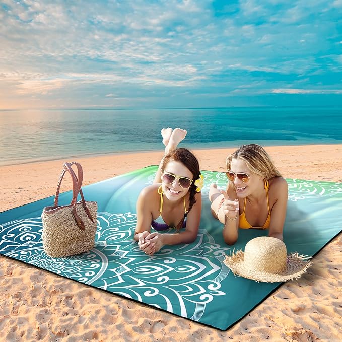 WIWIGO Beach Blanket Waterproof Sandproof Beach Mat 79" X 83"/10'x9'for 2-8 Adults Quick Drying Outdoor Picnic Mat Beach Accessories for Travel, Camping, Hiking