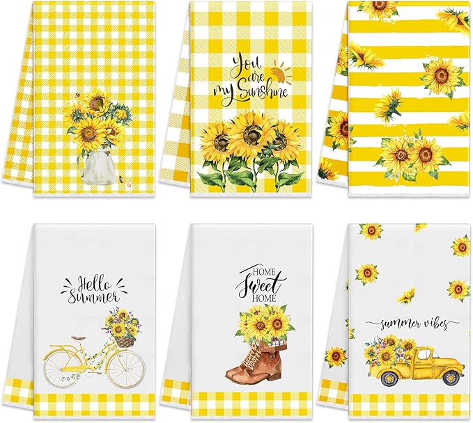 Oudain 6 Pcs Sunflower Kitchen Dish Towels Sunflower Absorbent Tea Towels Reusable Fast Drying Cleaning Dishcloths for Summer Housewarming Gift
