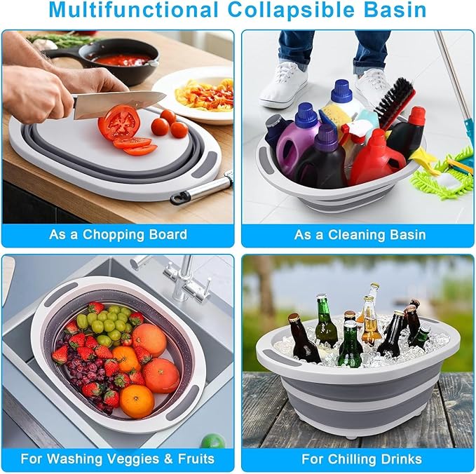 Collapsible Wash Basin, 7.5L Dish Tub Sink Basin Folding Dish Pans for Kitchen Sink, 2-in-1 Dishpan + Cutting Board, Portable Sink Dish Basin for Camping BBQ Prep Tub Washing Bin Bucket with Lid