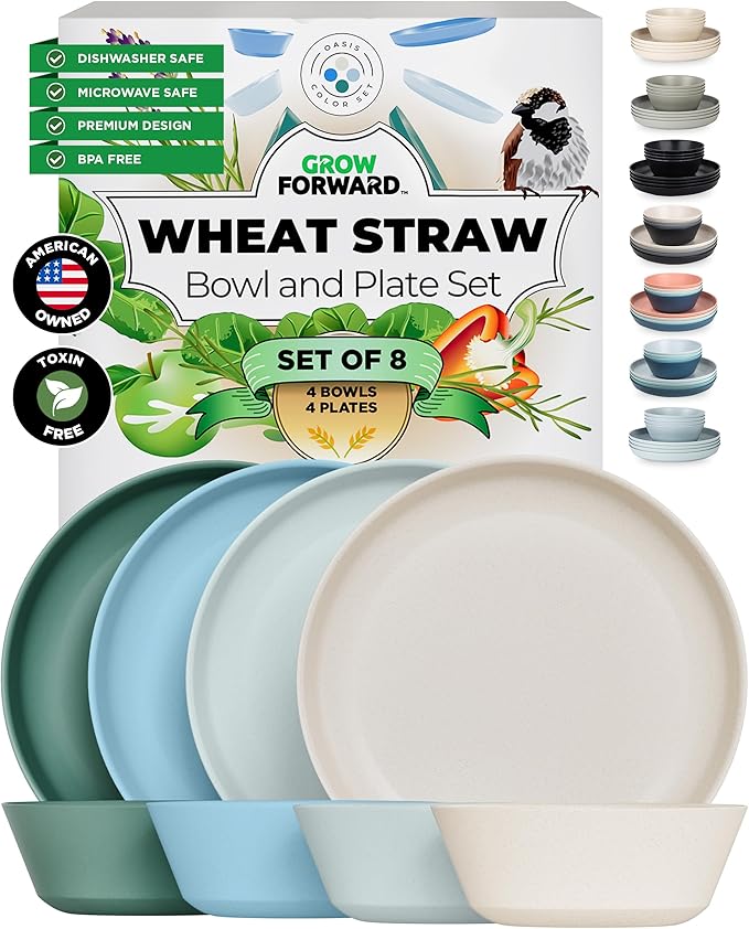 Grow Forward Premium Wheat Straw Plates and Bowls Sets - 8-Piece Wheat Straw Dinnerware Sets - Unbreakable & Reusable Microwave Safe Plastic Dinner Plates for Outdoors, RV, Camping Dishes - Oasis