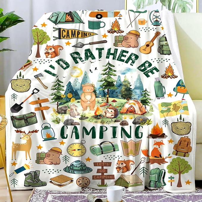 Camping Gifts for Women Stuff Cool Camping Essentials Accessories Blanket Throw Camper Plush Bedding Merch Blanket for Women Men Camper Birthday Party Decorations Room Decor 60"X50"