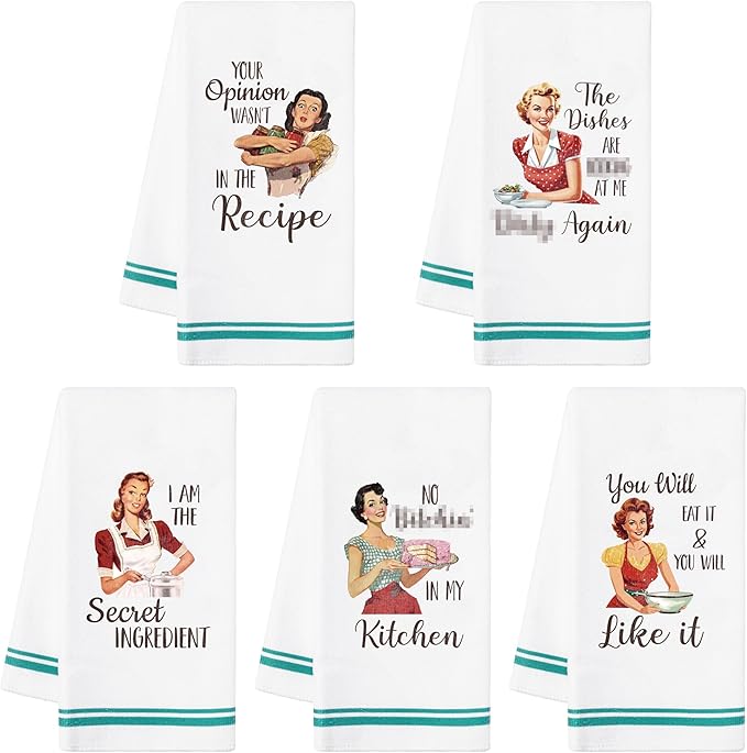 R HORSE 5Pcs Funny Kitchen Dish Towels, Funny Joked Themed Kitchen Dishcloth Absorbent Retro Sassy Lady Cleaning Dishcloth Bar Hilarious Hand Towel Gifts for Hostess Mom Women Housewarming