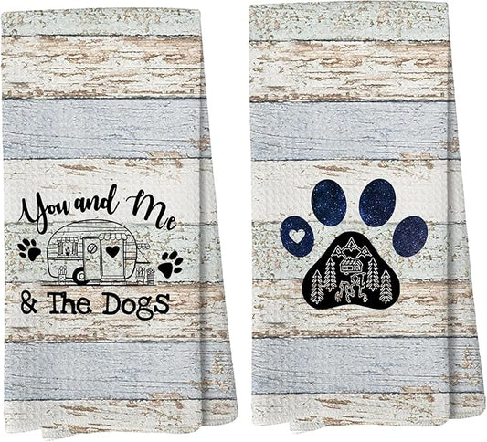 You and Me and The Dogs Camping Kitchen Towels, Camping Dish Towels, Dog Kitchen Towel, Camper Gifts for Women Men, RV Decor, Campsite Decor, Camping Supplies for RV Campers 16x24 in Set of 2