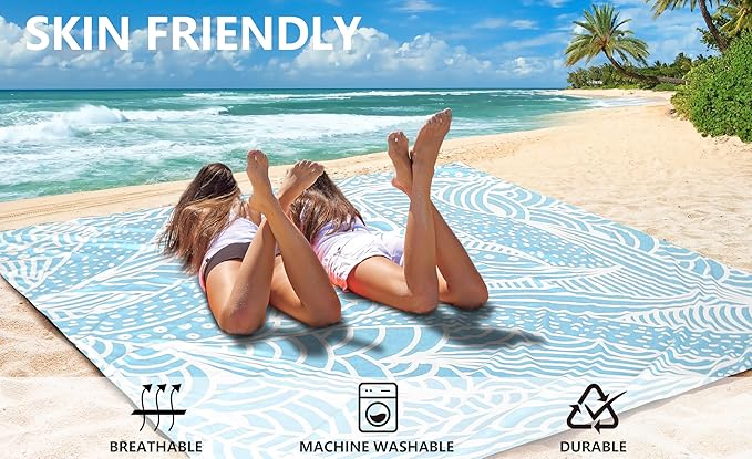 WIWIGO Beach Blanket Waterproof Sandproof Beach Mat 79" X 83"/10'x9'for 2-8 Adults Quick Drying Outdoor Picnic Mat Beach Accessories for Travel, Camping, Hiking