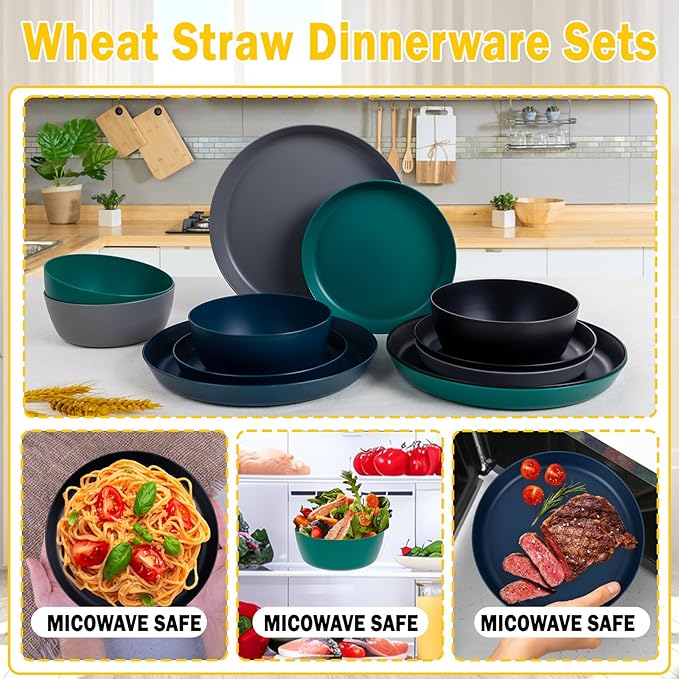 EI 12pcs Wheat Straw Plates,Plastic Plates Reusable,Unbreakable Plastic Plate,Wheat Straw Dinnerware Set,Melamine Plate-Black,Dark Grey,Dark Green,Dark Blue,Dinner, Camping,Picnic