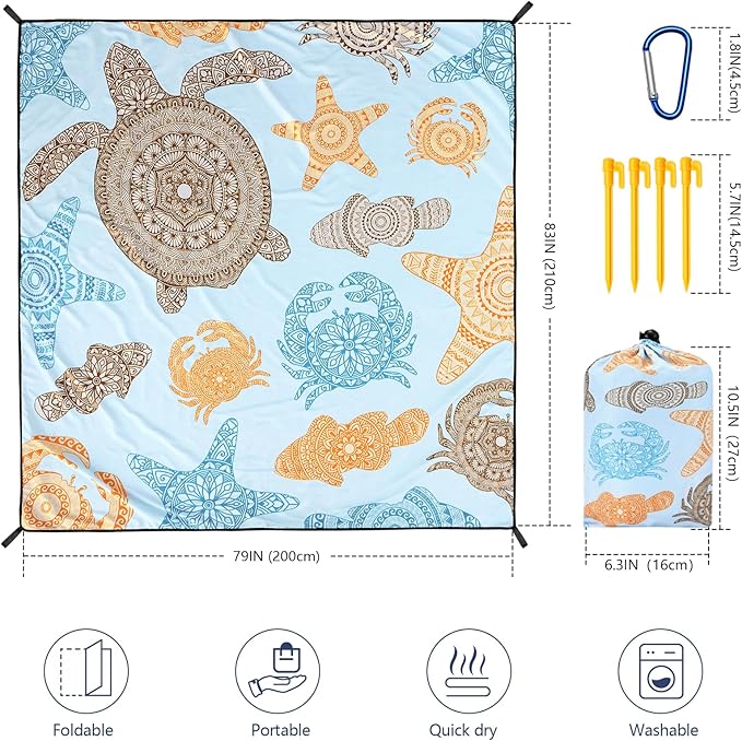 WIWIGO Beach Blanket Waterproof Sandproof Beach Mat 79" X 83"/10'x9'for 2-8 Adults Quick Drying Outdoor Picnic Mat Beach Accessories for Travel, Camping, Hiking