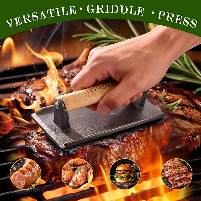 2Pack 2.1lb Steak Weight & Burger Press, Grid Base, 7"X4" Rectangle Heavy Duty Cast Iron Grill Press with Wood Handle for Blackstone, Chef, Camp, Panini, Vegetable, Bacon, Sandwich, BBQ