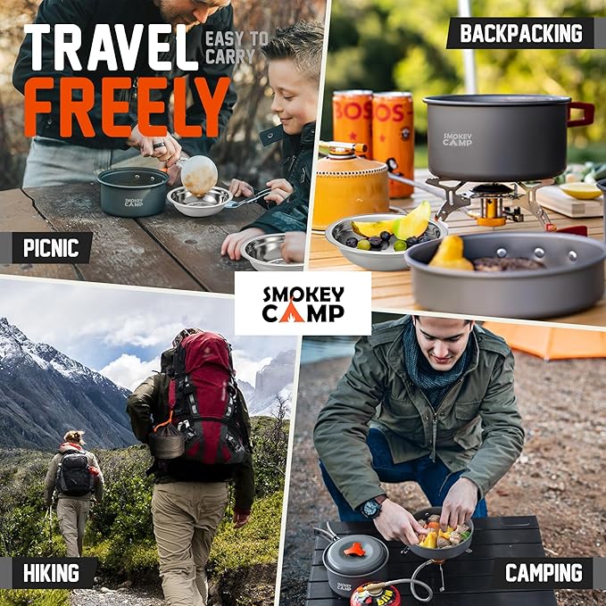 Smokey Camp Camping Cookware Mess Kit Set with Stove - Backpacking Camping Pots and Pans Set, All in One Non-Stick Camping Cooking Set, Portable Stove, Hiking, Picnic, Outdoor & Camping Cookware Set