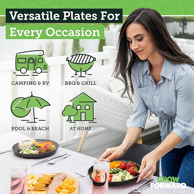 Grow Forward Premium Wheat Straw Plates - 10 Inch Reusable Hard Plastic Dinner Plates Set of 8 - Unbreakable Microwave Safe Plates for Dessert, Camping, RV, Outdoors, Patio, Kitchen Dishes - Midnight