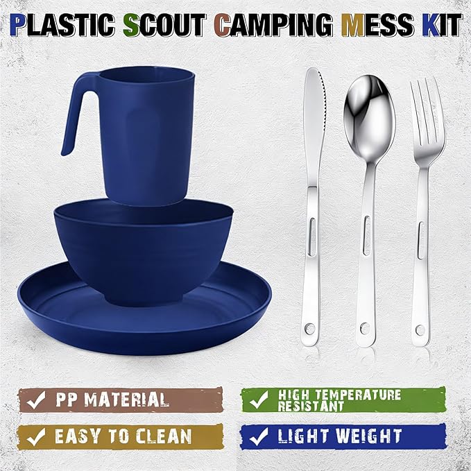 Scout Camping Mess Kit for Person Boy Scout Dishes Set Girl Scout Mess Kit with Mesh Bag Reusable Light Weight Eating Utensils Plastic Camping Cutlery Set for Travel Camp