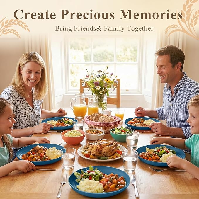 Deep Dinner Plates 9 Inch, Plastic Plates Reusable, Unbreakable Wheat Straw Plates Set of 8, Microwave & Dishwasher Serving Plate for Holiday, Party, Restaurant, Camping - Blue