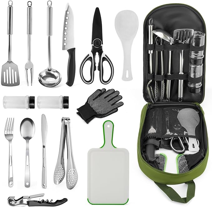 Portable Camping Utensil Set, 16 Piece Cookware Kit, Outdoor Cooking and Grilling Utensil Organizer Travel Set Perfect for Picnic, RV, Tailgating, Camping, Hiking, CT606