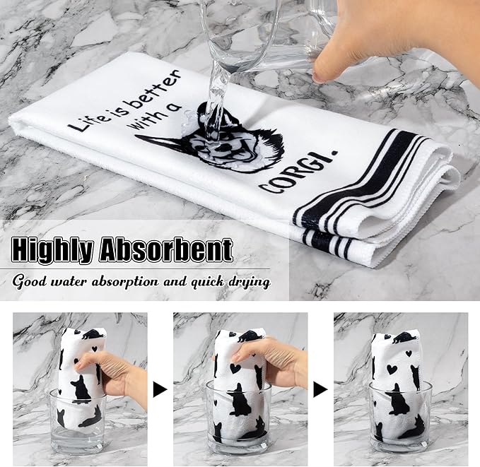 R HORSE Corgi Kitchen Dish Towel Set- 5Pcs Cute Corgi Cleaning Dishcloth Animal Dog Absorbent Bar Quick Dry Hand Towel Tea Towels for Dog Lovers Hostess Bathroom Kitchen Home Decors