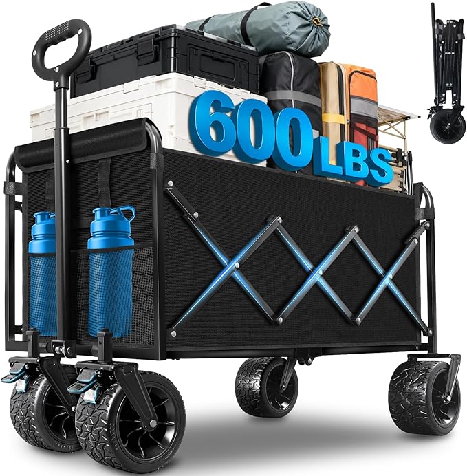 600LBS Beach Wagons Carts Foldable for Sand, Heavy Duty Collapsible Wagon with Brakes & All-Terrain Big Wheels, Large Foldable Folding Wagons for Beach Camp Sports Grocery, Portable