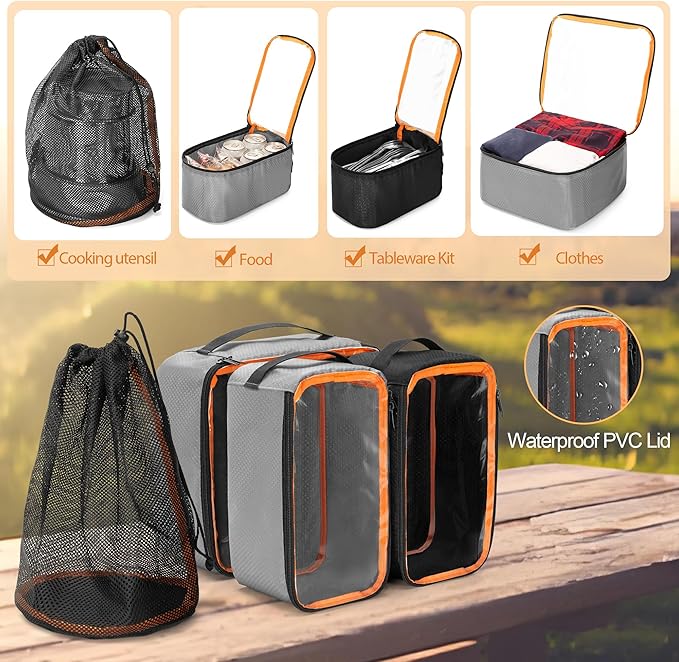 GRAOSO Camping Gear Organizer, 3 Pcs Camping Packing Cubes and 1 Pcs Mesh Pocket with Carrying Bag for Kitchen Supplies, 5-in-one Tactical Travel Storage with Transparent Window for Car Trunk, 45L