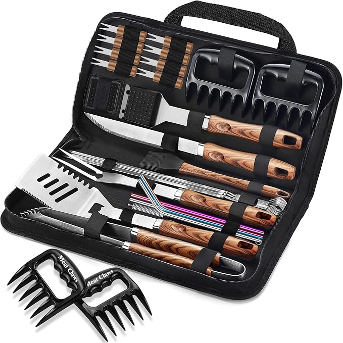 ROMANTICIST 27pcs Heavy Duty Grilling Gifts for Men Dad Fathers Day, Extra Thick BBQ Accessories Tools Set, Stainless Steel Grill Utensils Kit with Meat Claws,Canvas Bag for Outdoor Camping Brown