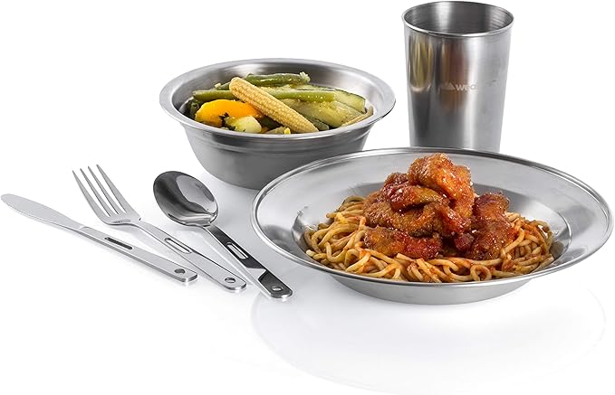 Unique Complete Messware Kit Polished Stainless Steel Dishes Set| Tableware| Dinnerware| Camping| Includes - Cups | Plates| Bowls| Cutlery| Comes in Mesh Bags