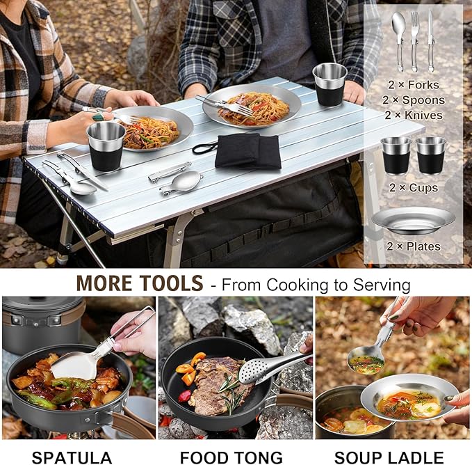 18Pcs Camping Cookware Mess Kit, Joyfair 7.8” Nonstick Camp Cooking Utensil Set (Pot, Pan, Kettle, Grill Grate), Outdoor Backpacking Gear Open Fire Essentials Accessories, Compact/Portable/Lightweight