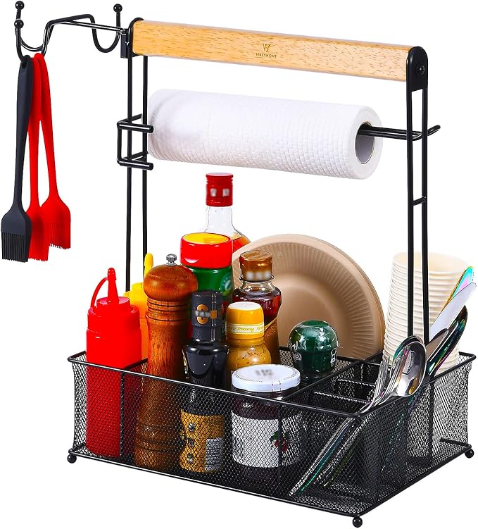VIKEYHOME Grill Caddy, Picnic BBQ Organizer for Camping Outdoor Mesh Basket with 3 Hanging Hooks and Paper Towel Holder, Ideal Table Storage Tools for RV Camper/Tailgating/Flatware