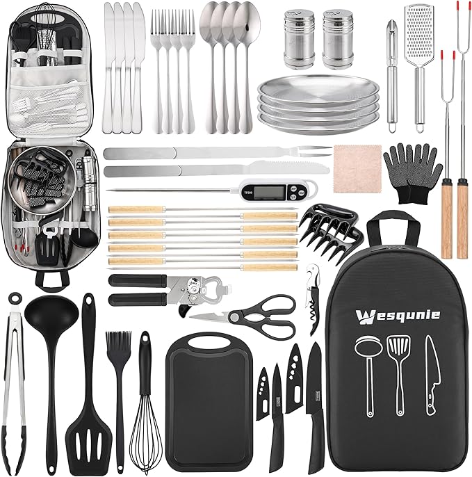 Wesqunie Camping Essentials Cookware Cooking Utensils Set - Portable Camp Kitchen Mess Kit Outdoor Accessories, Stainless Steel & Silicone, Camping Gear Equipment for RV Picnic Grill, 50PCS Black