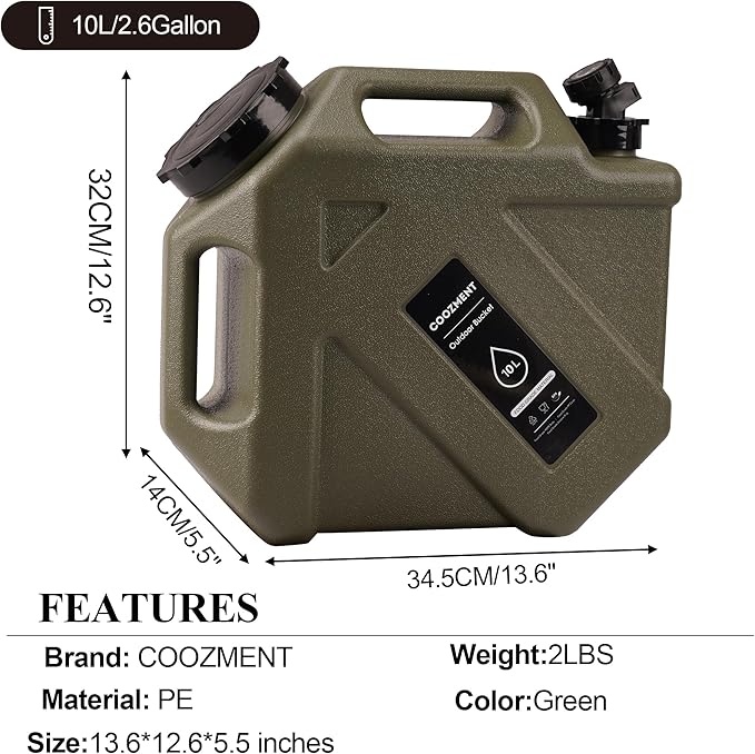 COOZMENT 3.2 Gallon/5 Gallon Water Containers with Spigot, BPA Free Water Jug, Military Green Water Tank, Multifunction Water Storage Containers for Camping Outdoor Hiking,Emergency Stroage