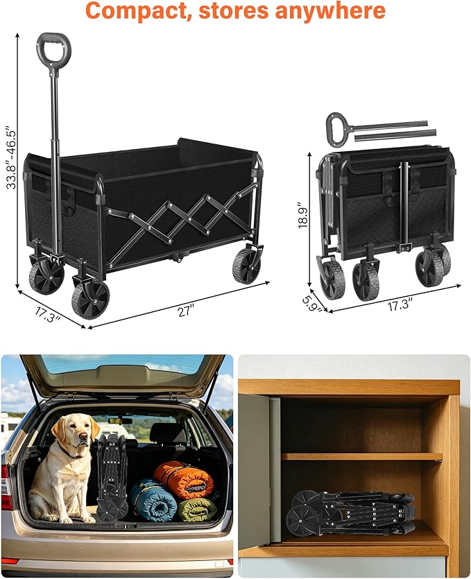 Wagons Carts Foldable, Collapsible Wagon, Foldable Wagon Cart with Wheels, Folding Wagons for Beach Camp Sports Garden, 2 Cup Holders/Lightweight Portable/Black/360 LBS